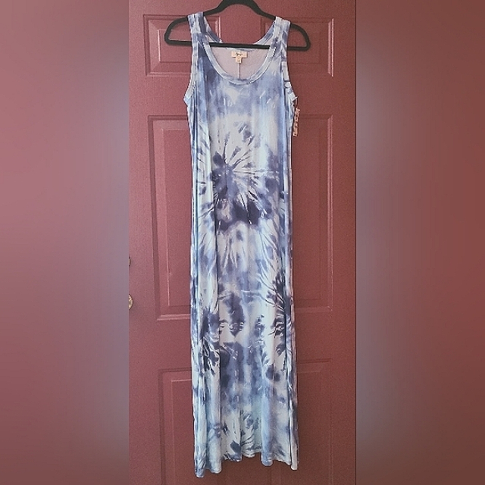 NWT Style & Co Sleeveless Blue Tie Dye Maxi Dress, Size Medium